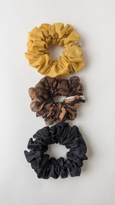 Bundle Scrunchies (Cotton-Silk und Chiffon) — Schwarz, Gold und Leo