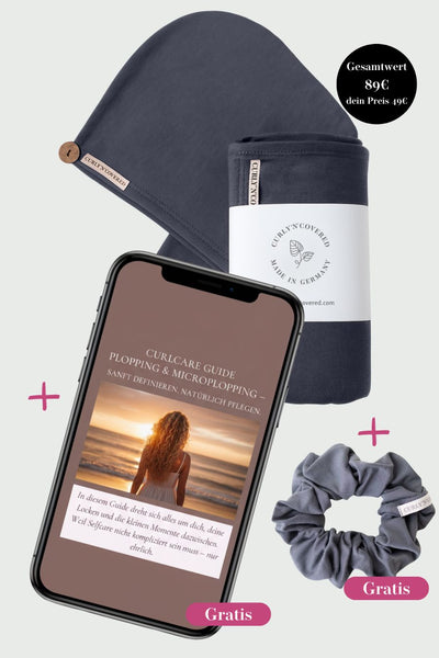 Hair Plopping Ritual Set in grau - 1 Haarhandtuch, 1 Turban Handtuch, 1 Scrunchie und ein exklusiver Curlcare Plopping Guide von Curly N Covered