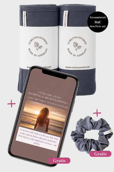 Hair Plopping Ritual Set in grau - 2 Haarhandtücher, 1 Scrunchie und ein exklusiver Curlcare Plopping Guide von Curly N Covered