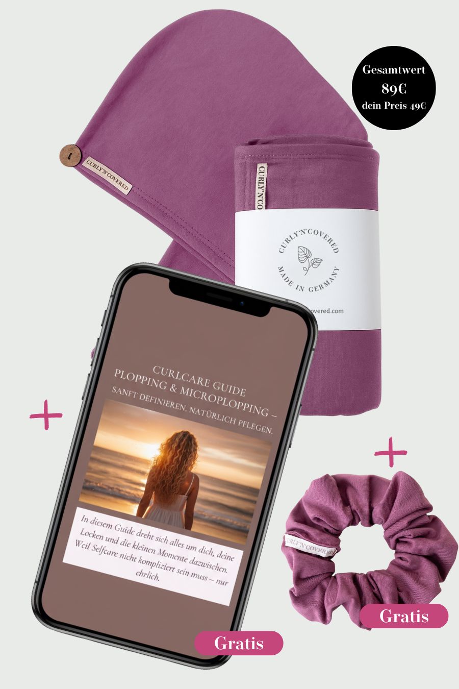 Hair Plopping Ritual Set in rot - 1 Haarhandtuch, 1 Turban Handtuch, 1 Scrunchie und ein exklusiver Curlcare Plopping Guide von Curly N Covered