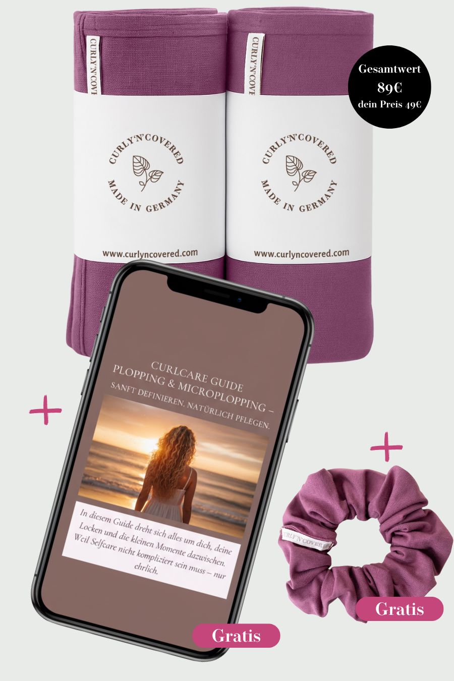 Hair Plopping Ritual Set in rot - 2 Haarhandtücher, 1 Scrunchie und ein exklusiver Curlcare Plopping Guide von Curly N Covered