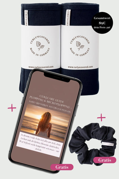 Hair Plopping Ritual Set in schwarz - 2 Haarhandtücher, 1 Scrunchie und ein exklusiver Curlcare Plopping Guide von Curly N Covered