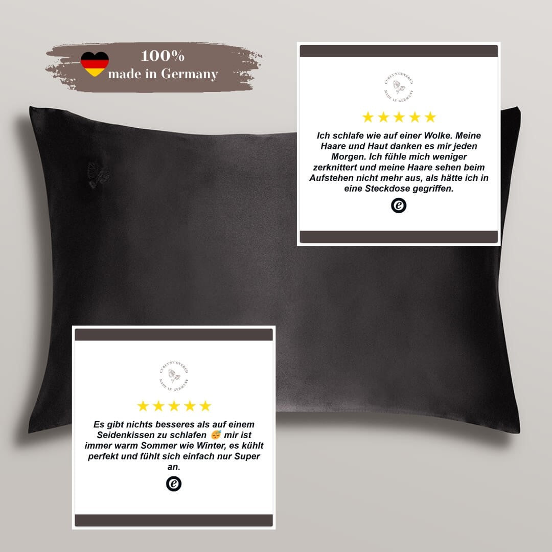 Kissenbezug in 40x60 aus echter Maulbeerseide in der Farbe Schwarz von Curly N Covered, 100% made in Germany, mit echten positiven Produktbewertungen