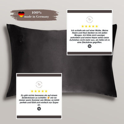 Kissenbezug in 40x60 aus echter Maulbeerseide in der Farbe Schwarz von Curly N Covered, 100% made in Germany, mit echten positiven Produktbewertungen