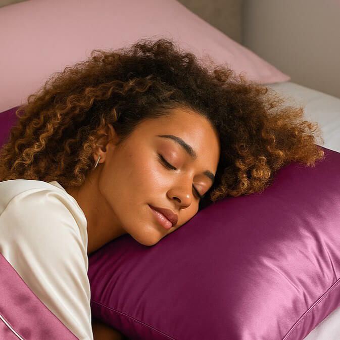 Wunderschöne Frau mit Afro Curls schläft auf einem Seidenkissen in Pflaume von Curly N Covered