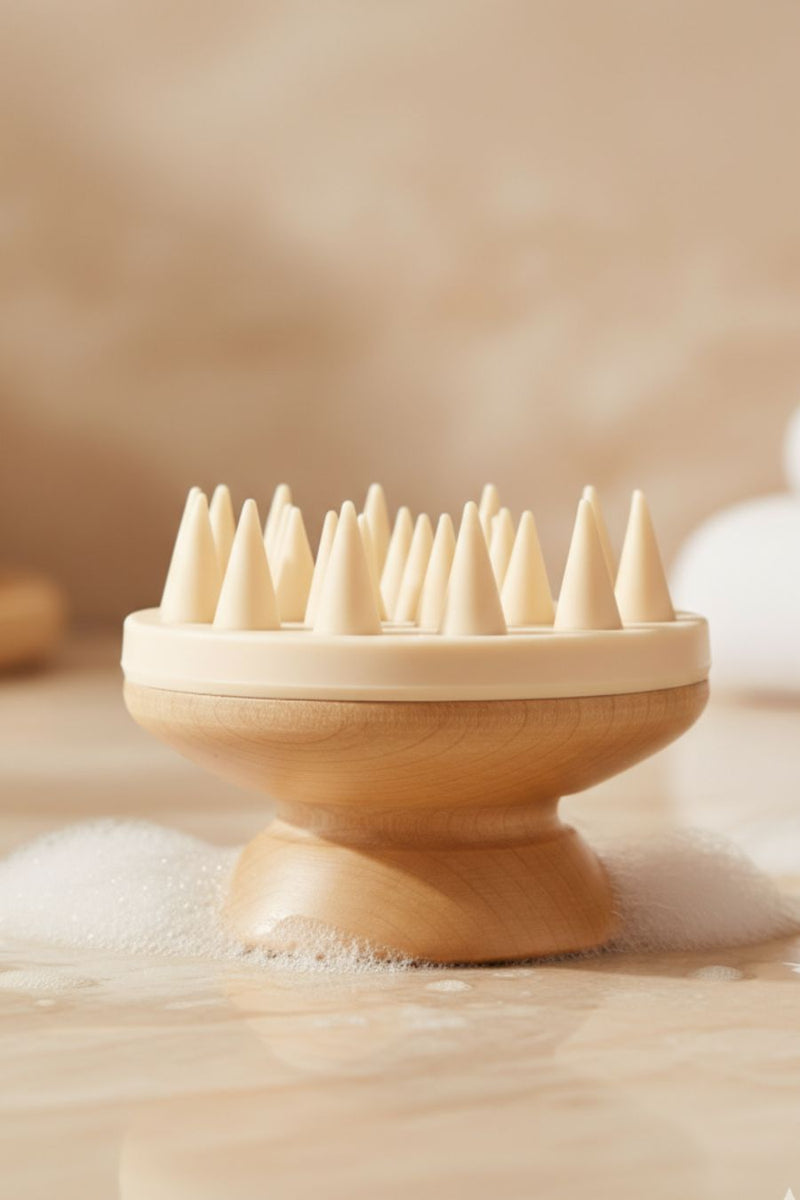 Shampoo Bürste aus Holz mit TPE-Noppen bei der Anwendung zur Kopfhautmassage