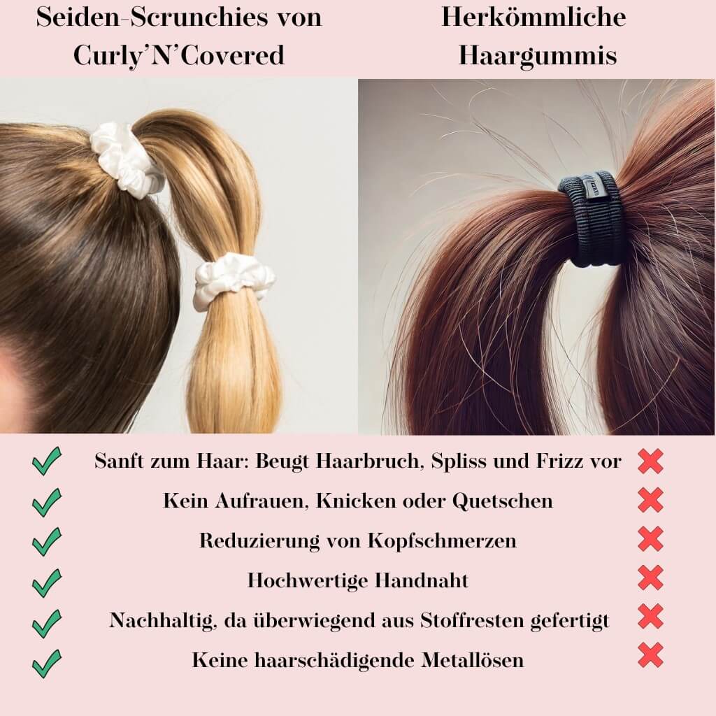 Erfahre, warum Seiden Scrunchies von Curly N Covered besser für deine Haare sind als herkömmliche Haargummis